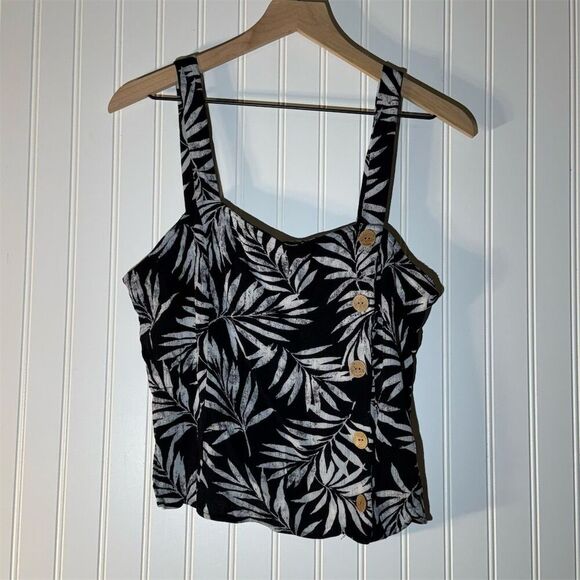 A. Byer Black Palm Print Button Crop Top L Coastal Cowgirl, Boho Y2K, Resort - Picture 4 of 10